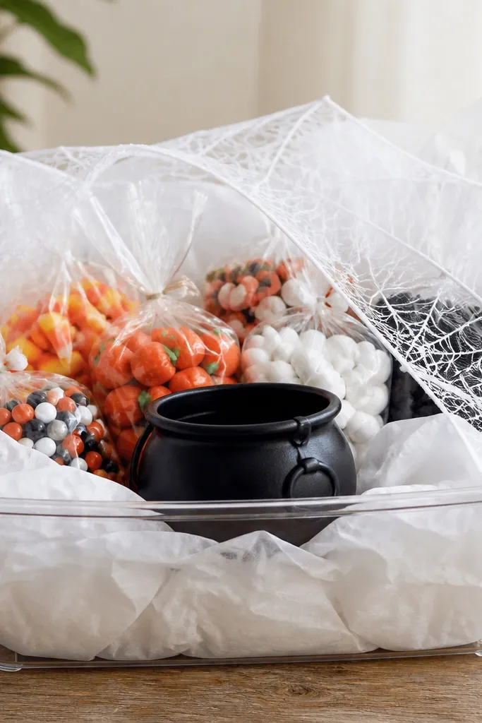 A clear plastic gift bin filled with white tissue paper. A white faux spiderweb ribbon is draped across the top layer, and a small black cauldron sits in front with mini candy bags behind it.