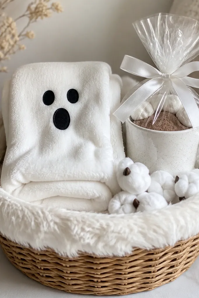 A wicker basket with white faux fur lining. A small fleece ghost throw is folded on top, with a mug of cocoa mix wrapped in clear plastic and tied with white ribbon. Tiny faux cotton balls sit like "ghost fluff."