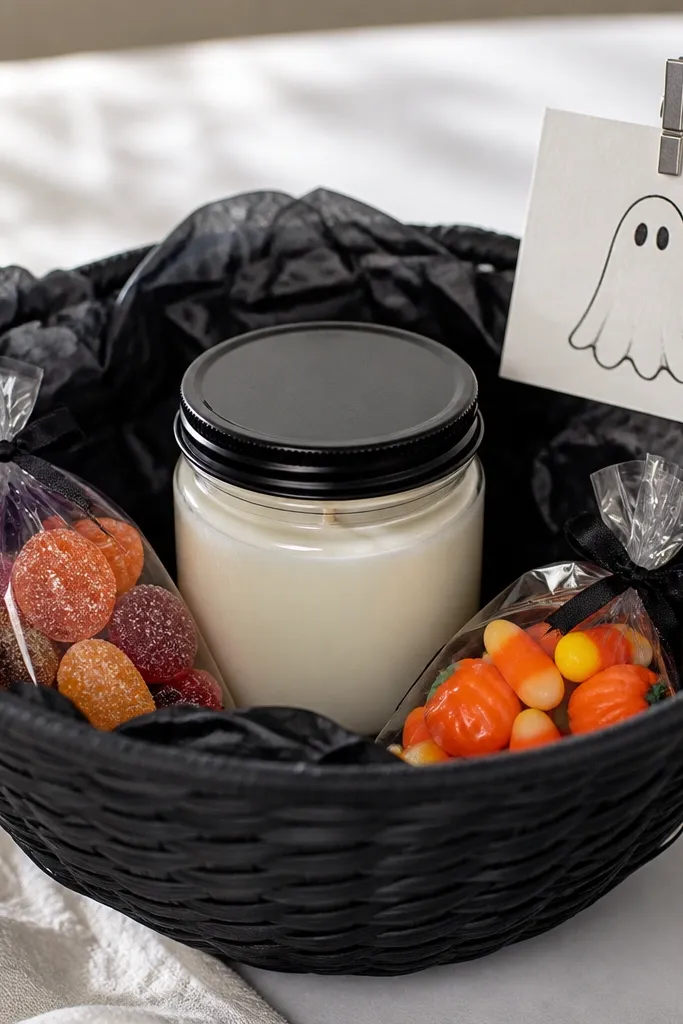 A small round gift basket with black tissue paper inside. A 4-inch jar candle sits in the center, surrounded by two mini candy bags. A small note card with a hand-drawn ghost is clipped to the rim with a silver clothespin.