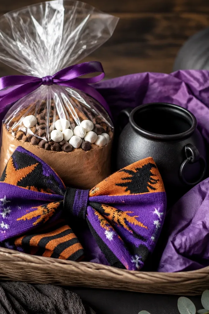 A rectangular basket lined with purple tissue paper. Two Halloween socks are folded into a bow shape on top. A hot cocoa kit bag is wrapped in clear plastic and tied with purple ribbon, with a small black cauldron next to it.