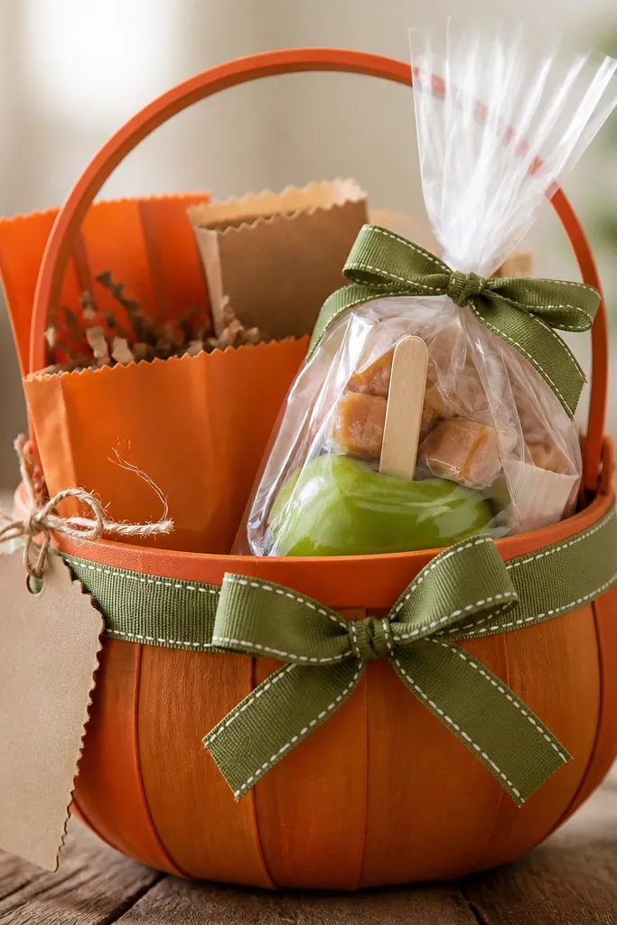 A small pumpkin-shaped bucket painted orange and decorated with green ribbon. Inside are orange and brown treat bags, a wrapped caramel apple kit, and a handwritten tag tied with twine to the handle.