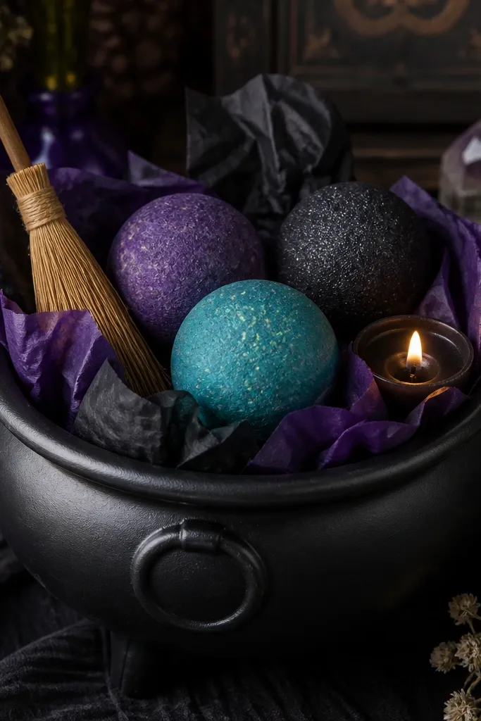 A black cauldron-shaped basket filled with black and purple tissue. Three bath bombs in deep purple, teal, and black sit upright. A small broom charm and a mini candle are arranged around them.