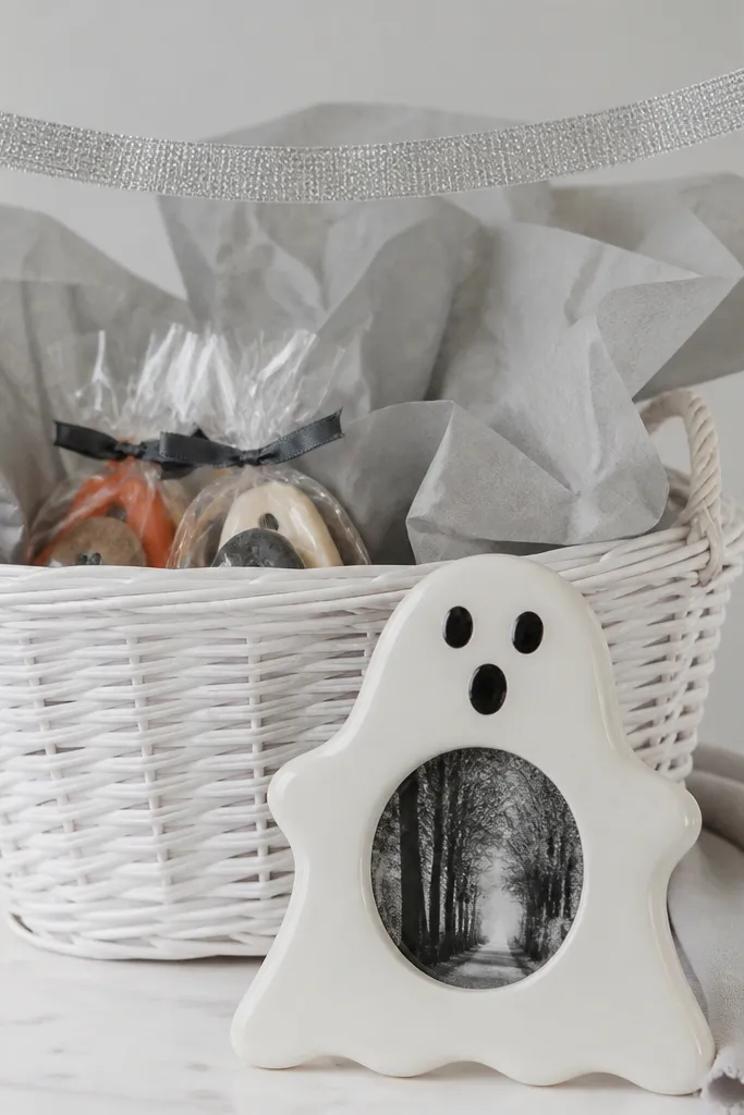 A white wicker basket with gray tissue. A small tabletop ghost photo frame sits in front, with a few wrapped candies tucked behind. A strip of silver ribbon runs across the top like a banner.