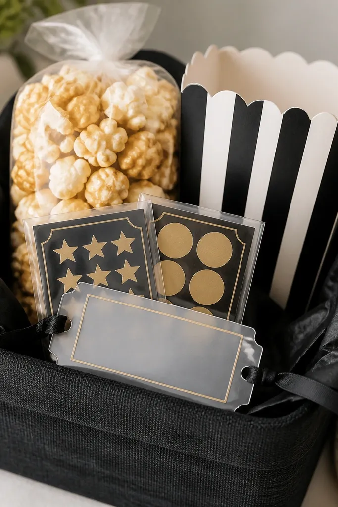 A dark fabric basket lined with black tissue. A bag of kettle corn sits upright with a striped popcorn box beside it. Two mini scratch-off cards are visible under a clear acetate "movie ticket" tag.
