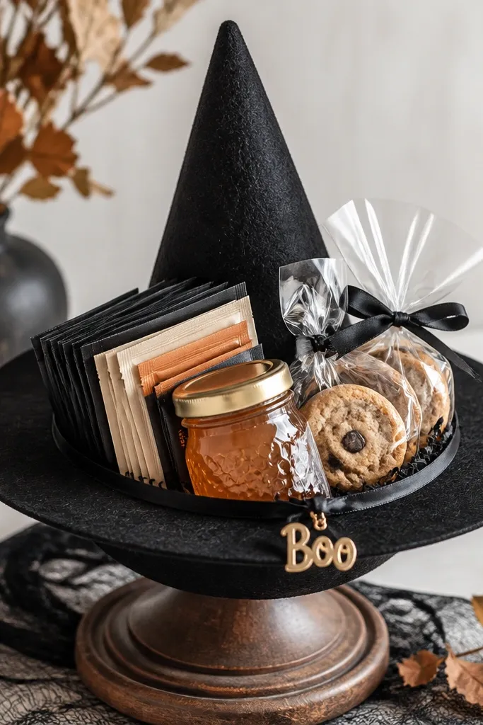 A black felt witch hat on a stand used as the basket base. Inside are tea sachets stacked neatly, a small honey jar, and a few mini cookies wrapped in clear plastic. A ribbon band wraps the hat brim with a small "boo" charm.