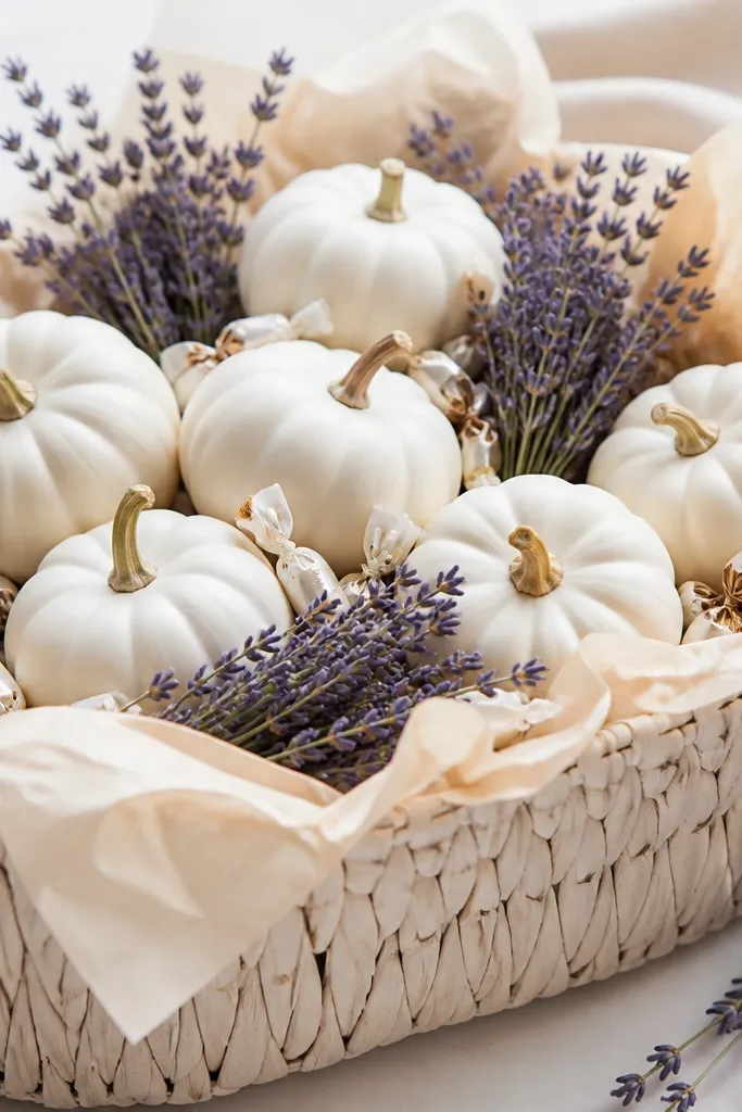 A cream basket lined with light beige tissue. Small white faux pumpkins sit on top with dried lavender bundles tucked around them. A few wrapped candies peek between the pumpkins.