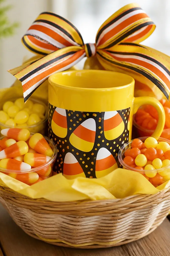 A small basket lined with yellow tissue. A bright yellow mug sits center with a candy corn themed wrap. Mini candies in clear cups are arranged around the mug, and a striped ribbon bow sits on top.