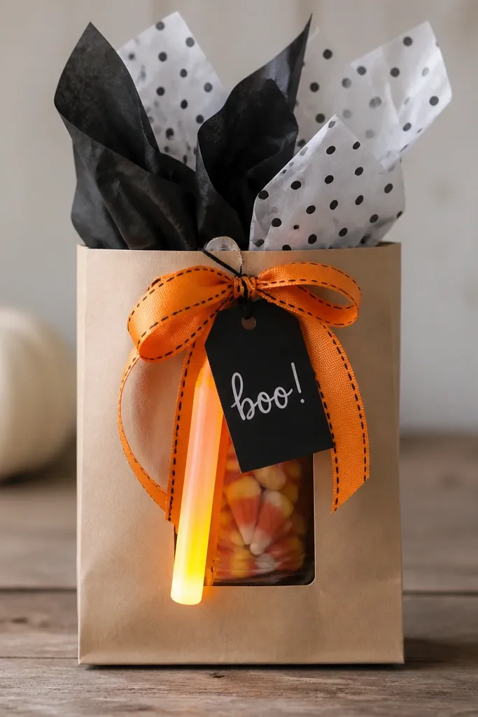 A kraft paper bag holds a mason jar filled with candy. A small glow stick is tied to the front with orange ribbon. Black and white tissue peeks from the top, with a tag reading "boo!".