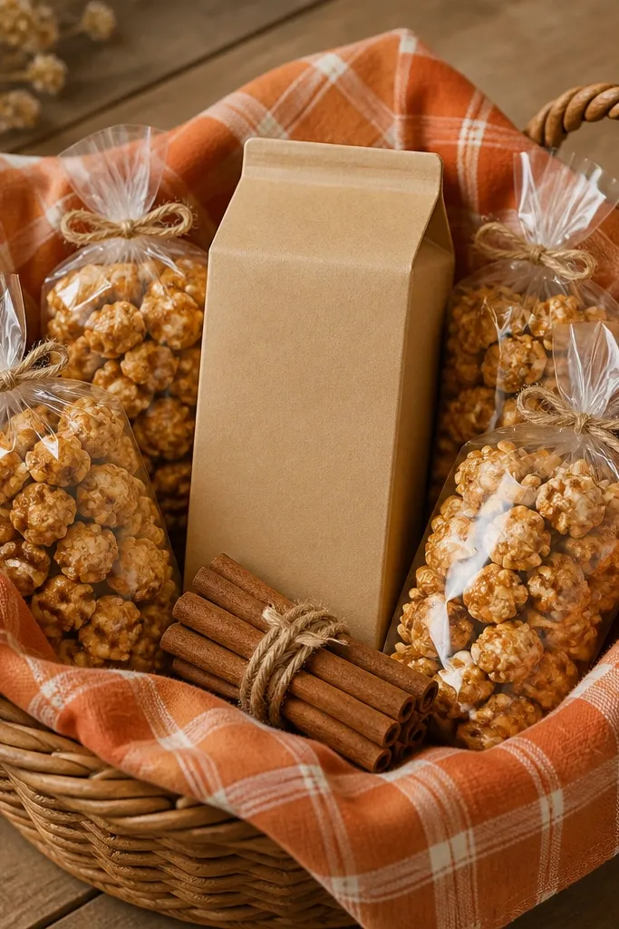 A woven basket lined with orange plaid fabric. A carton of apple cider mix sits upright in the center with caramel corn bags around it. A small cinnamon stick bundle is tied with twine on top.