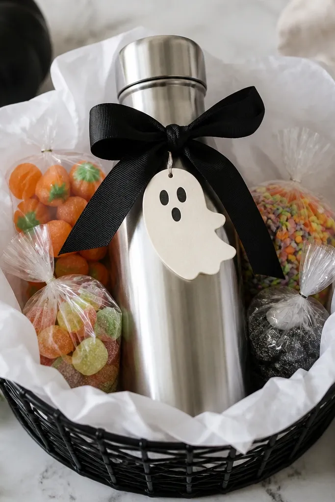 A tall stainless steel water bottle inside a small black basket, surrounded by mini candy bags. White tissue lines the sides, and a black ribbon wraps around the bottle with a ghost tag attached.