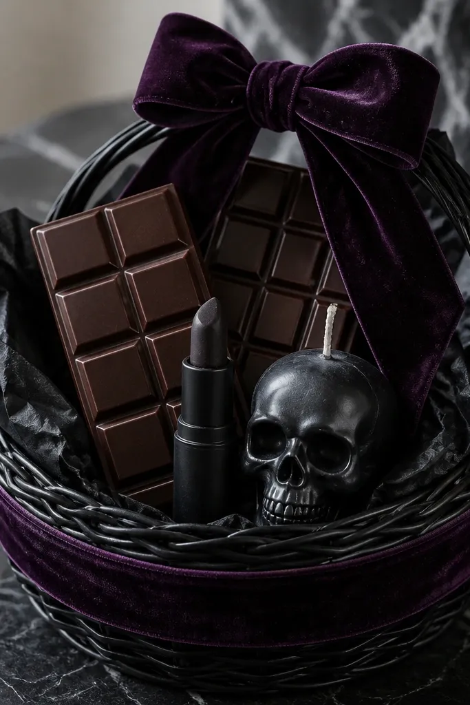 A black basket lined with black tissue and layered with a deep purple velvet ribbon. Inside are dark chocolate bars, a small black lipstick-shaped lip balm, and a tiny skull candle. A velvet bow sits on top.