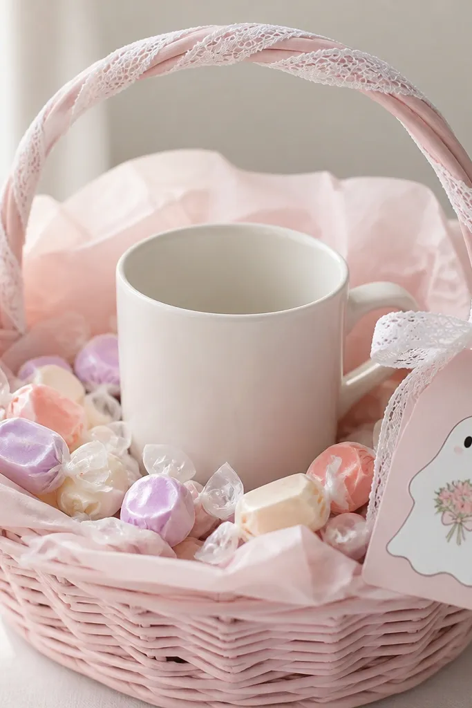 A pastel pink basket lined with light pink tissue. A white mug sits center with small pastel wrapped candies around it. A thin white lace ribbon wraps the handle, and a small ghost sticker is on a tag.