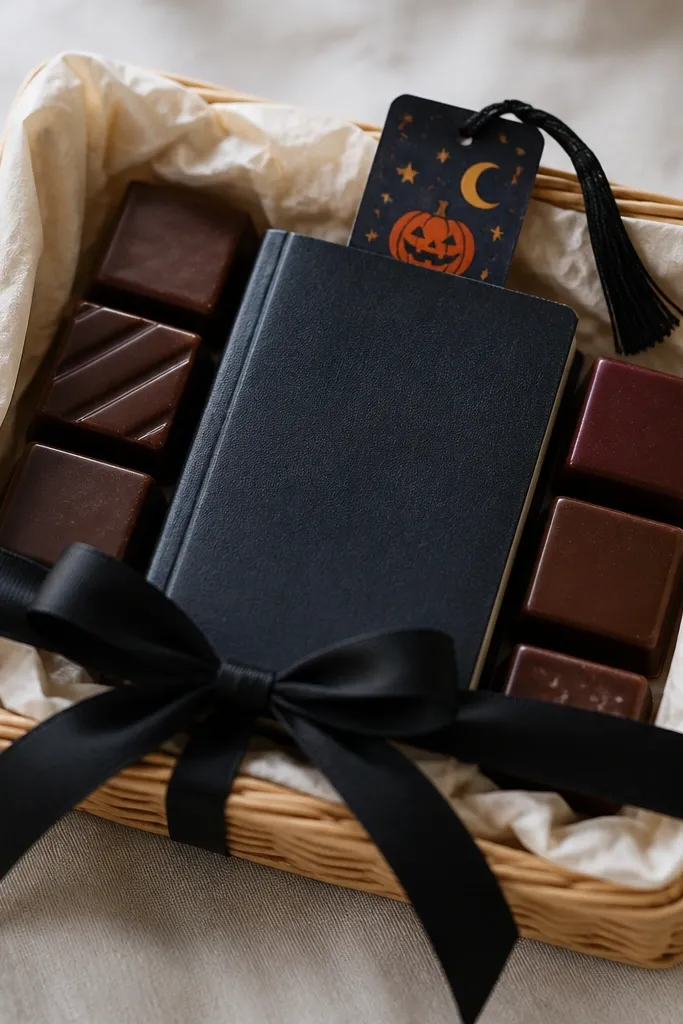 A small rectangular basket lined with cream tissue. A mini paperback book lies flat in the center with a Halloween bookmark sticking out. Chocolate squares are arranged around the book, and a black ribbon ties the basket shut.