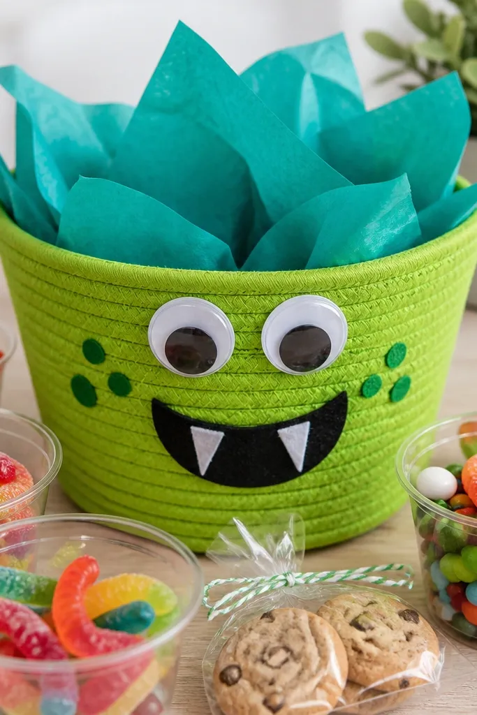 A bright green basket lined with teal tissue. Two googly eyes are attached to a felt monster face on top. Around it are clear treat cups filled with gummy worms and candy, plus a small bag of cookies.
