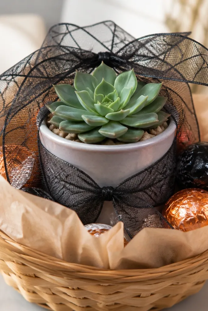 A small basket with tan tissue. A mini succulent in a ceramic pot sits center. Spider web ribbon is wrapped around the pot and draped over the top, with a few wrapped chocolates tucked around the sides.