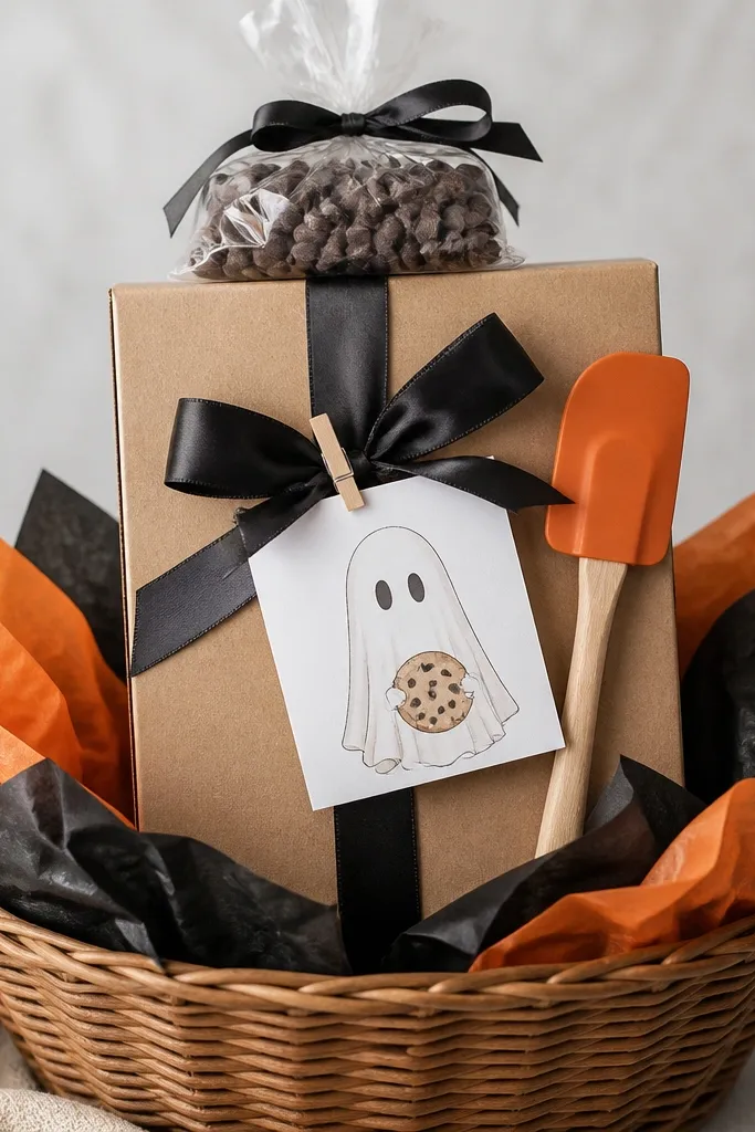 A basket with black and orange tissue. A large cookie mix box stands upright in the center, with a small orange spatula leaning on it. A clear bag of chocolate chips sits on the top, and a "bake a boo" card is clipped to the ribbon.