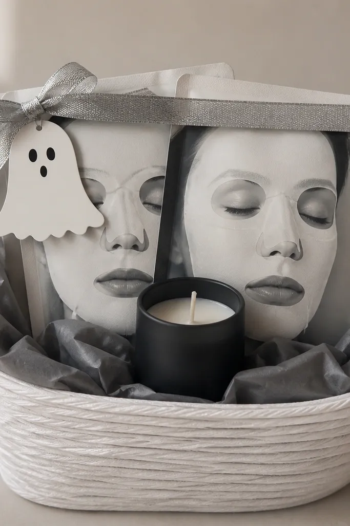 A white basket lined with gray tissue. Two face mask packets are arranged like a window frame, with a small black mini candle in front. A strip of silver ribbon wraps the top, and a ghost-shaped tag hangs from the ribbon.