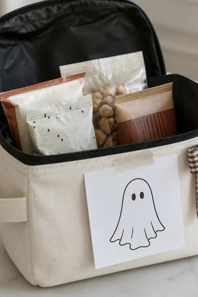 A small reusable lunch cooler bag with a zipper. Black tissue lines the inside, and snack packs are arranged upright. A sheet of white paper with a hand-drawn ghost is taped to the front panel, and a ribbon bow sits on the zipper pull.
