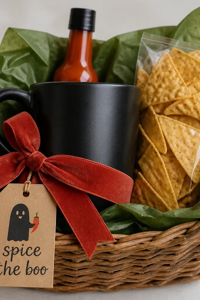 A black mug in a woven basket lined with green tissue. A mini hot sauce bottle sits upright behind the mug, with a small bag of tortilla chips on the right. A red ribbon bow ties around the handle and a "spice the boo" tag sits at the front.