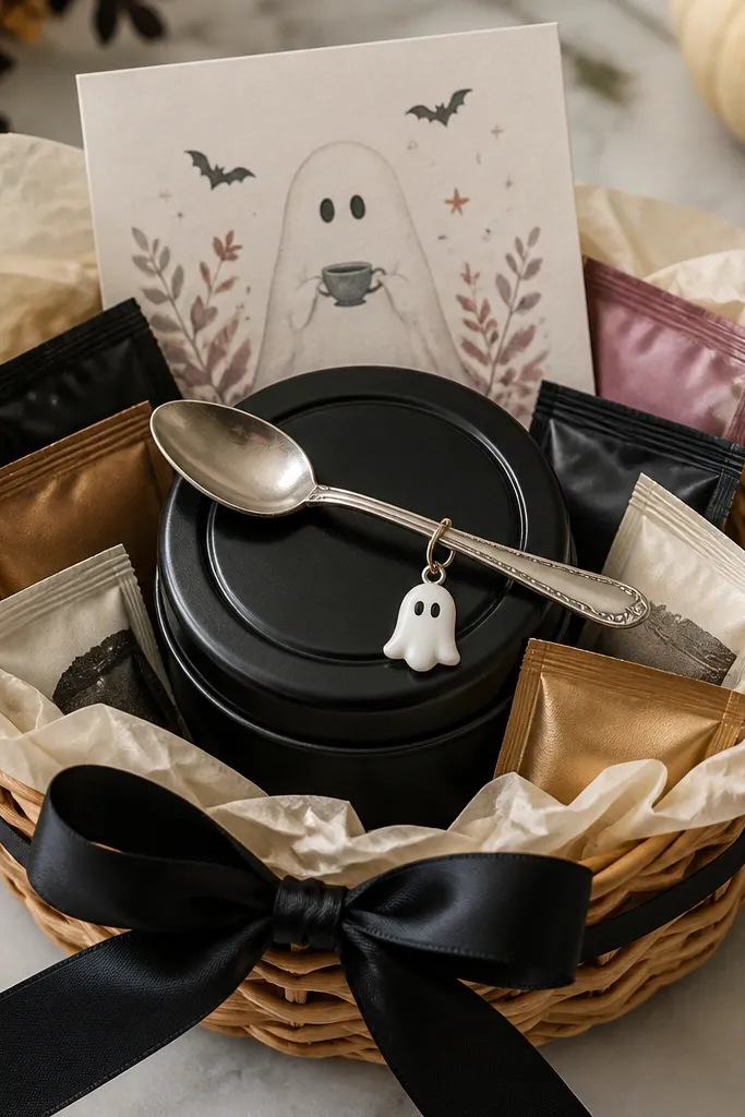 A small basket with cream tissue and a black ribbon. A tea sampler tin sits in the center with individual tea packets around it. A metal spoon with a tiny ghost charm rests on top, and a "tea-riffic boo" card is tucked behind the tin.