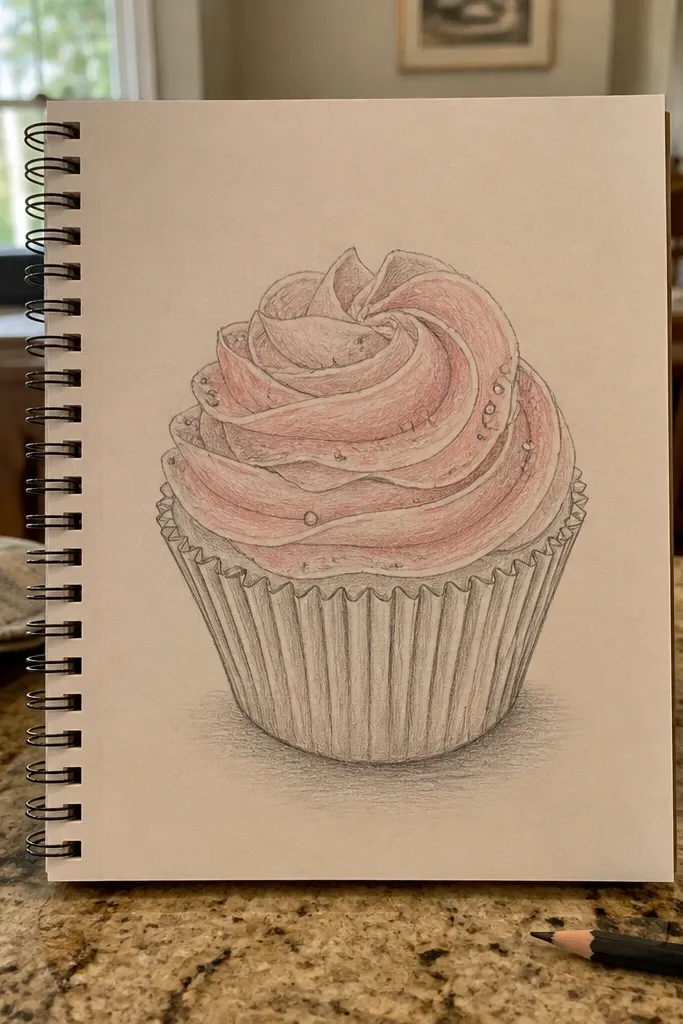 Cupcake with a spiral buttercream rosette and small dot sprinkles.