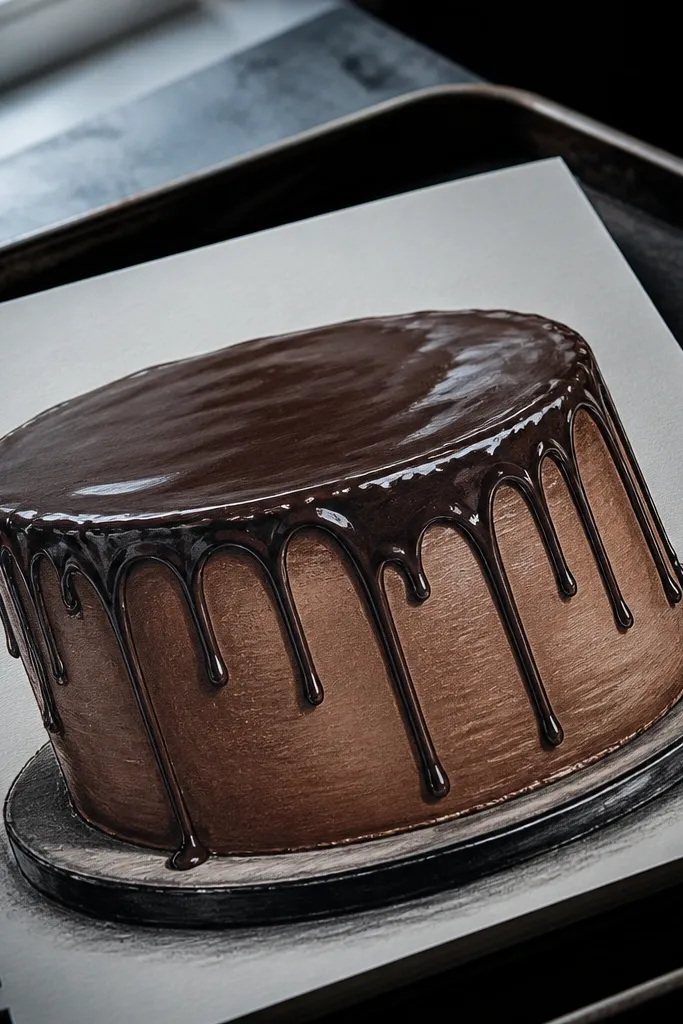 Round cake with glossy chocolate ganache drips over the top edge.