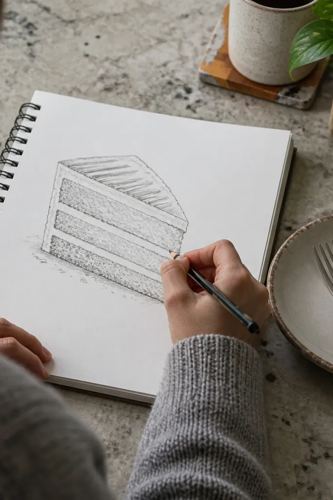 A slice of cake with visible frosting layers and small fork texture.