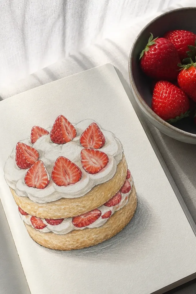 Layered shortcake with small strawberry slices on top.