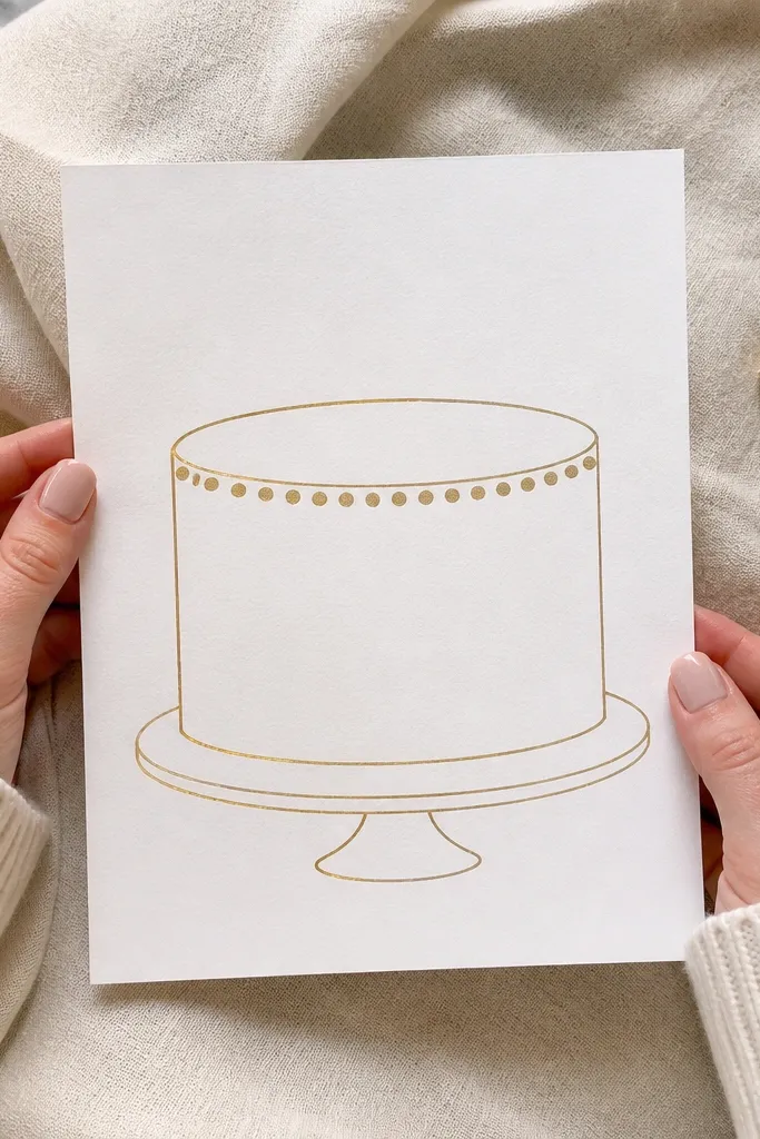 Minimal cake with white frosting and a dotted gold border around the tier.
