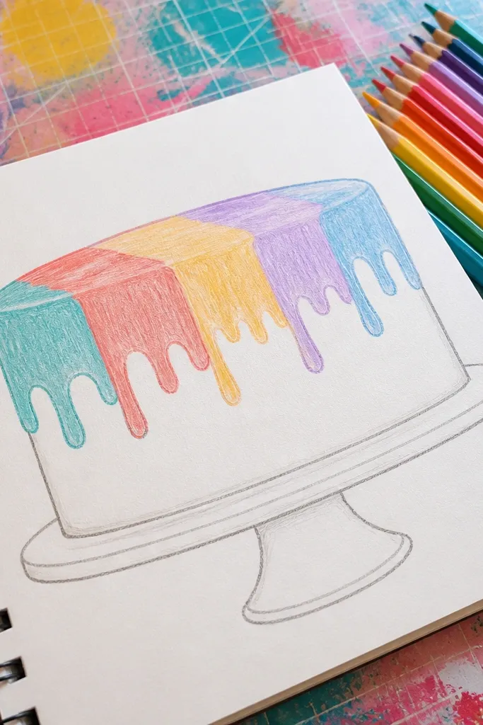 Cake with colorful drip stripes and a smooth top frosting edge.