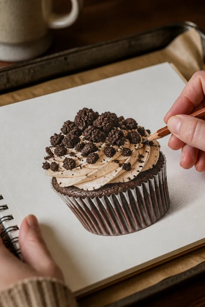 Cupcake topped with chocolate frosting and cookie crumb sprinkle texture.