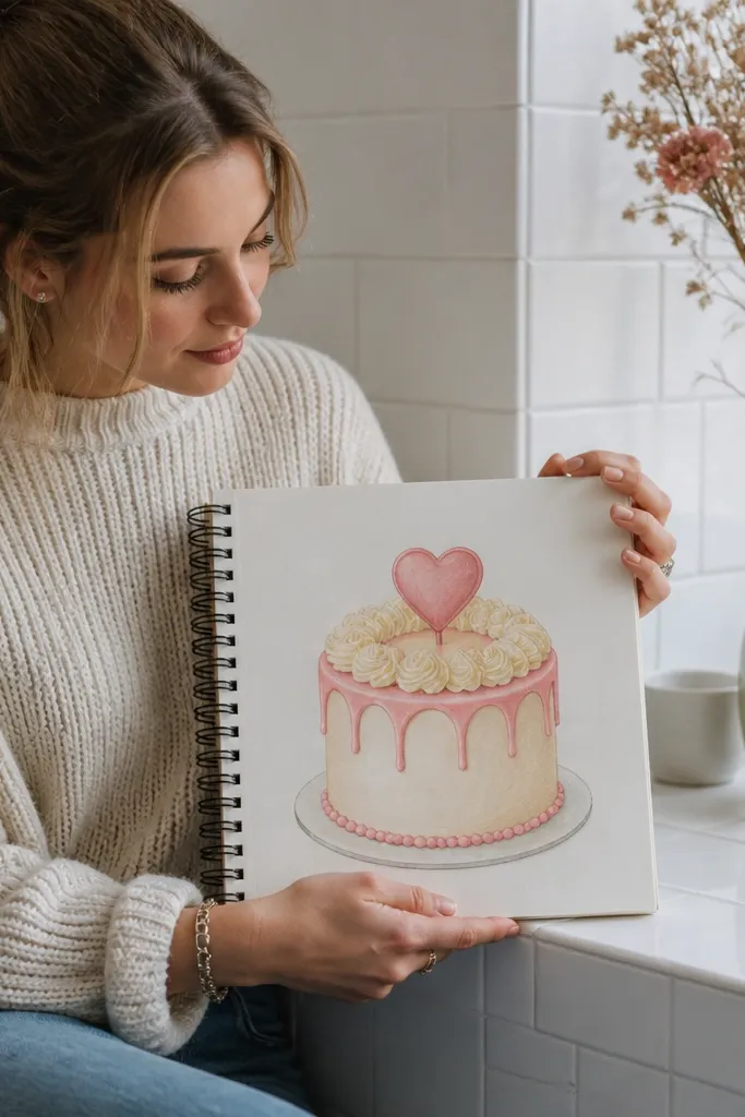 Round cake with a heart topper and short drips along the top rim.