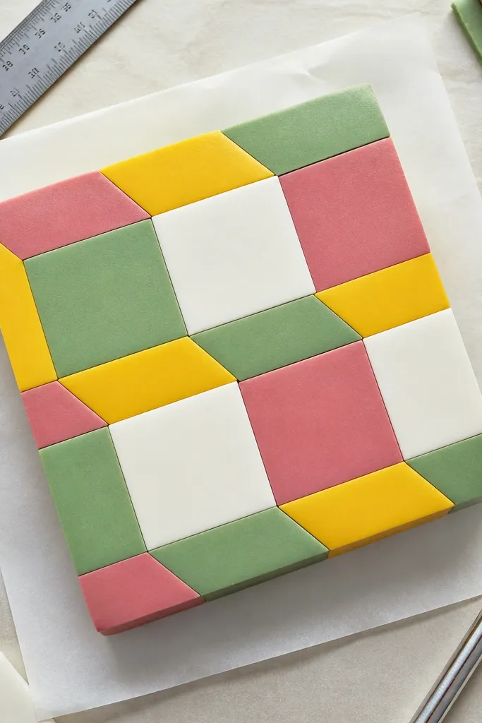 Cake with fondant blocks in squares and rectangles on the sides.
