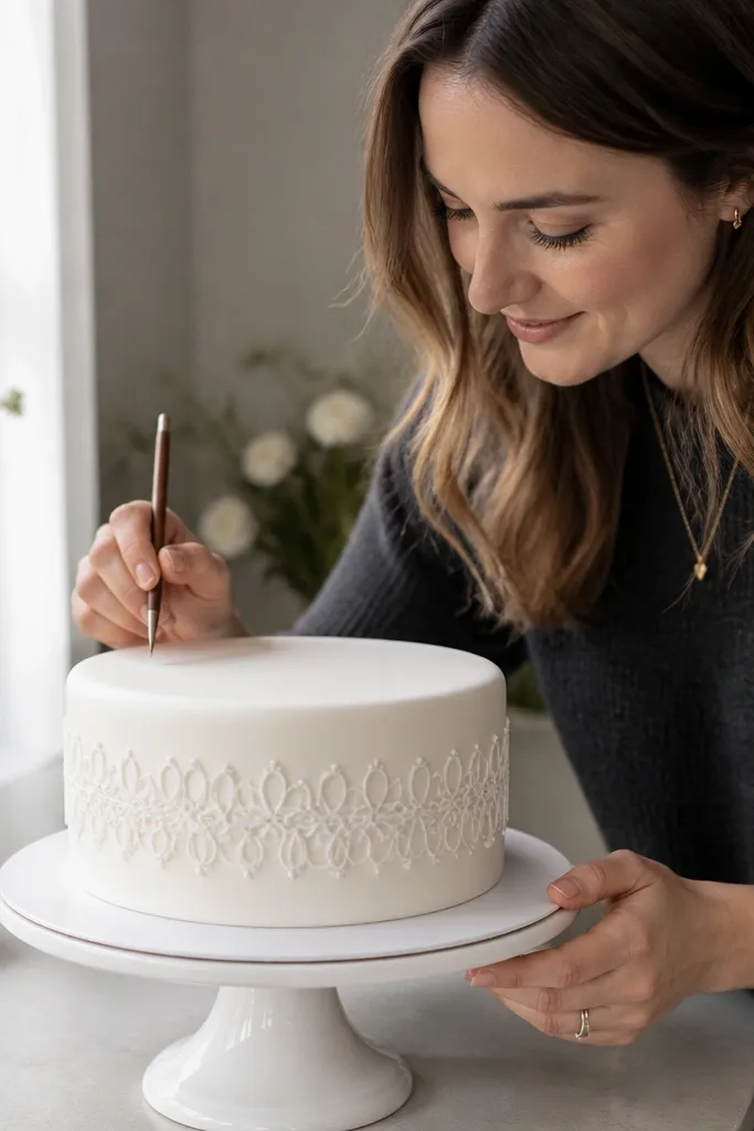 Vanilla cake with a lace-like dotted border around the middle.