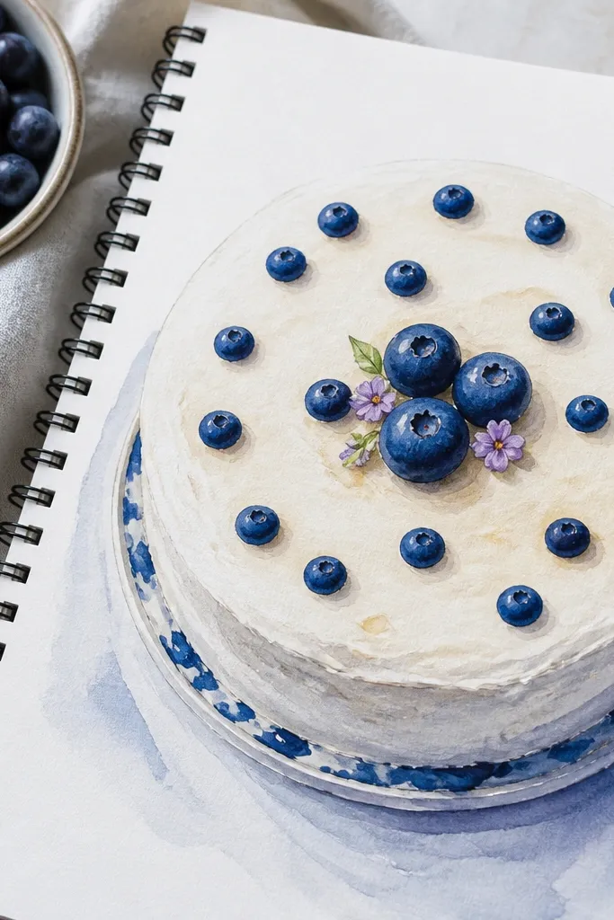 Cake top covered with small blueberry dots and a few larger berries.