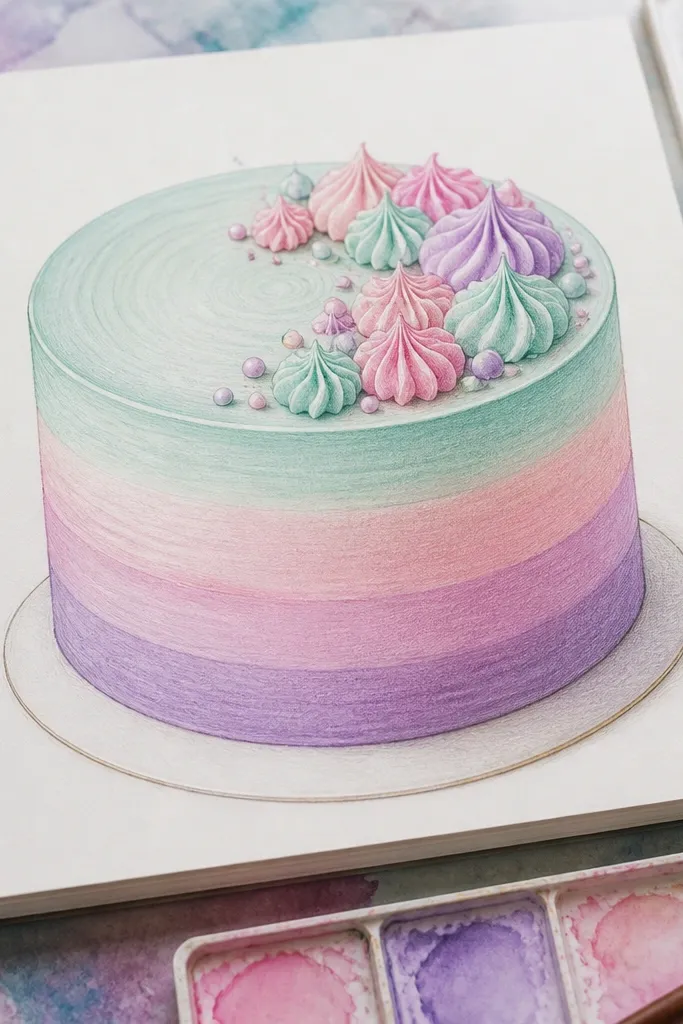 Layered cake with pastel ombré frosting bands from light to darker.