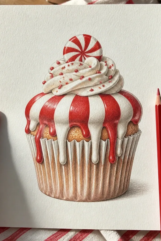 Cupcake with red and white candy cane drips and a small striped topper.