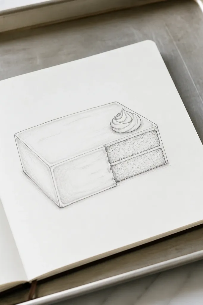 Rectangular cake slab with a single corner slice and smooth frosting.
