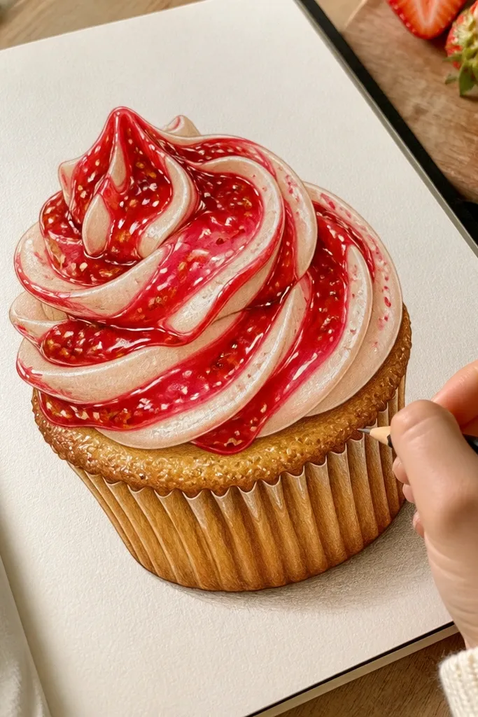 Cupcake topped with a pink jam swirl and tiny seed-like dots.