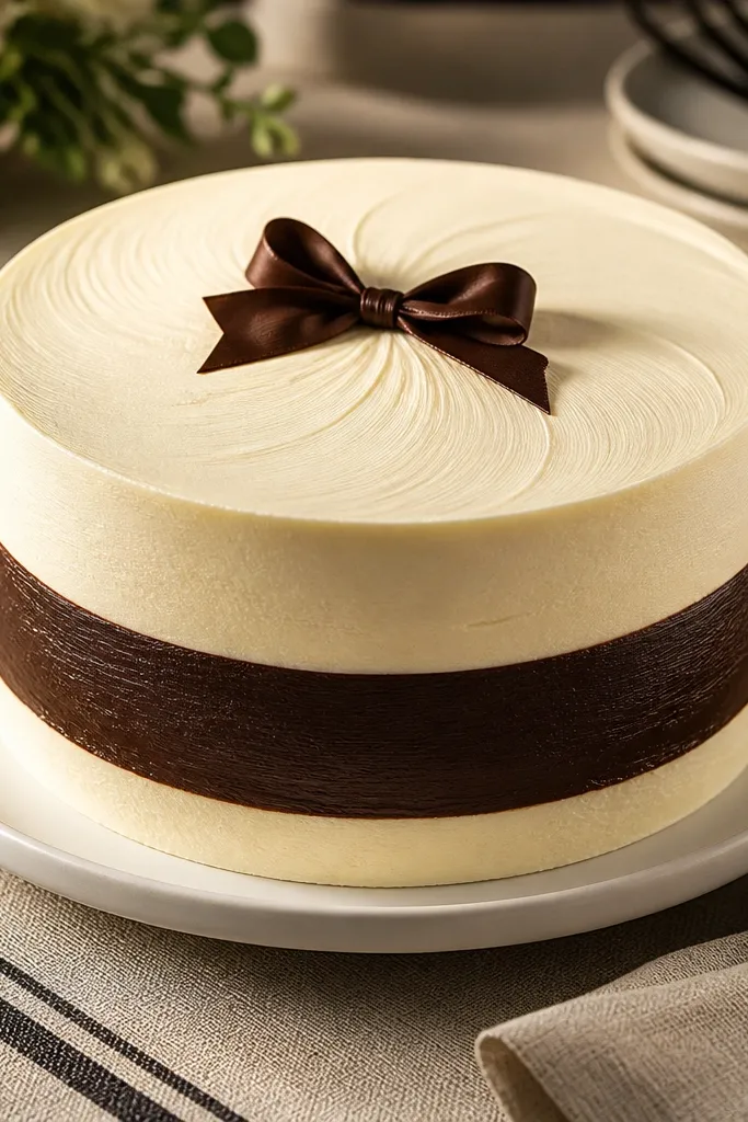 Layer cake with textured frosting bands and a small bow on top.