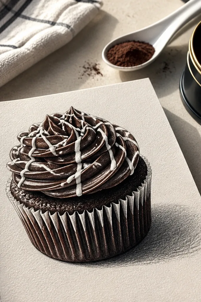 Dark chocolate cupcake with thin white drizzle lines across the top.