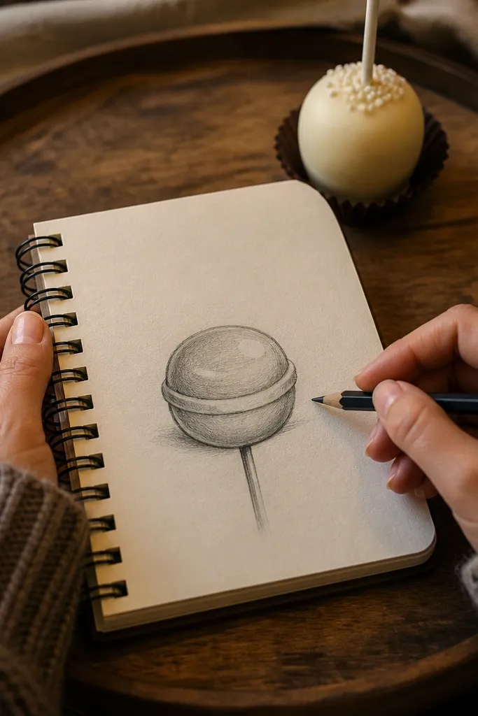 Small stacked mini cake with a smooth coating and a single stick-like handle.
