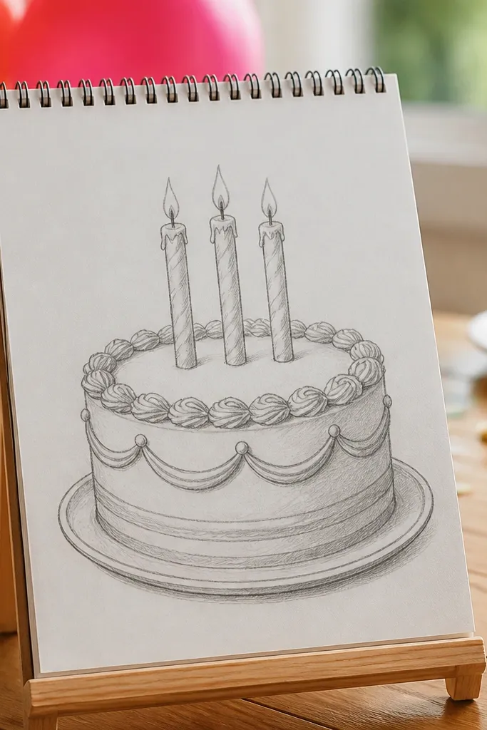 Round cake with three candles and small melted wax drips at the tips.