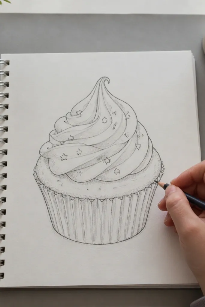 Cake top with a single vanilla swirl and small star sprinkles around it.