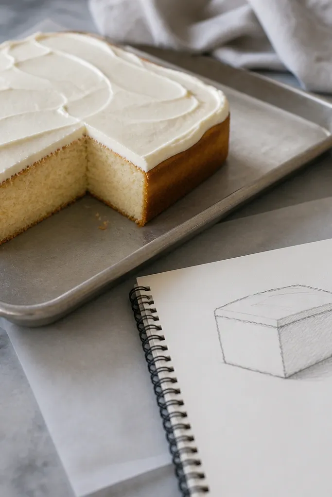 Rectangular sheet cake with one slice cut line and simple frosting