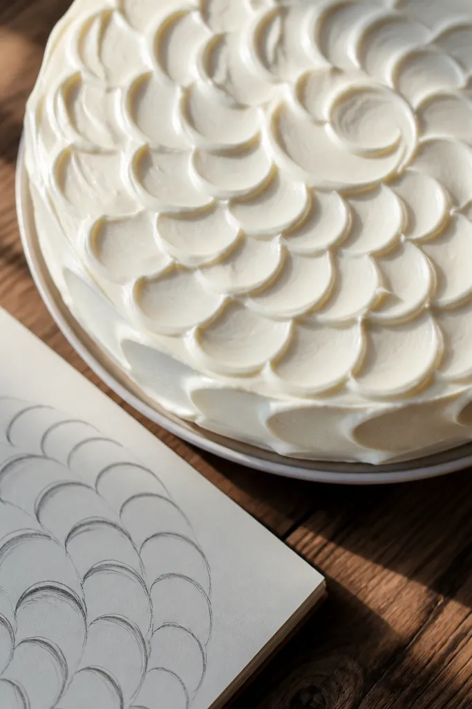 Round cake top filled with repeating C-shaped frosting swirls