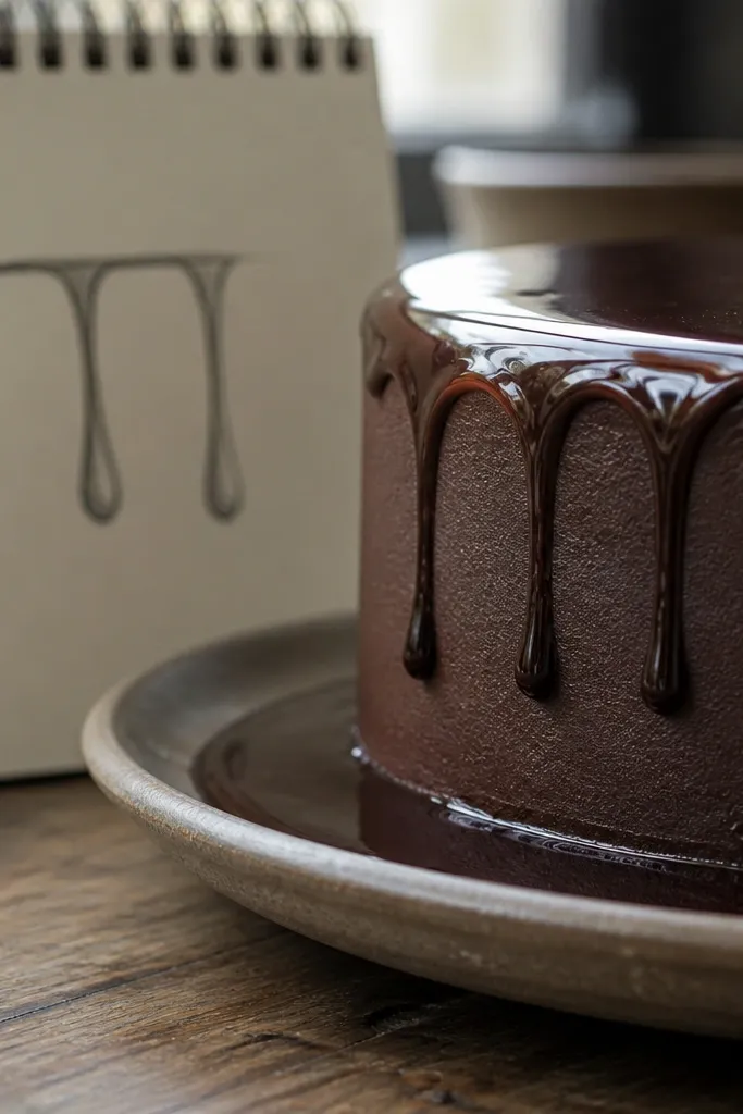 Round cake with a chocolate drip edge and three simple hanging drips
