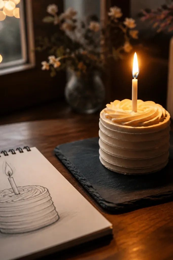 Small cake with one candle stick and a simple flame outline