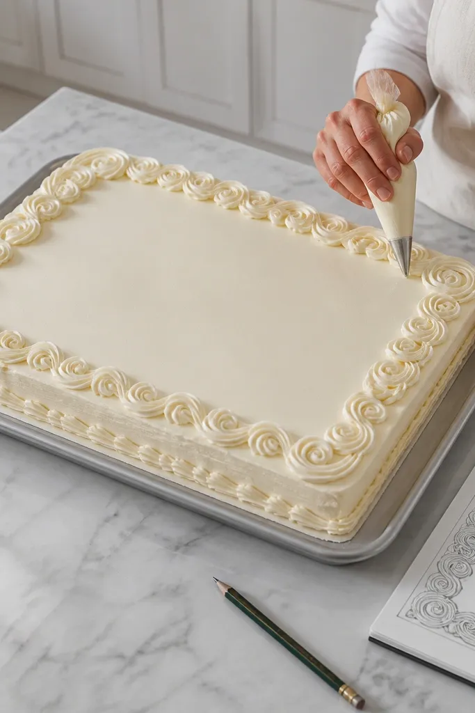 Sheet cake with a spiral piped border around the edges