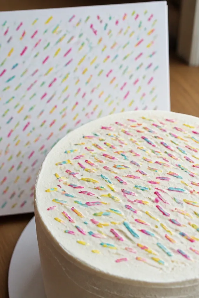 Round cake top with short colored sprinkles drawn as small strokes